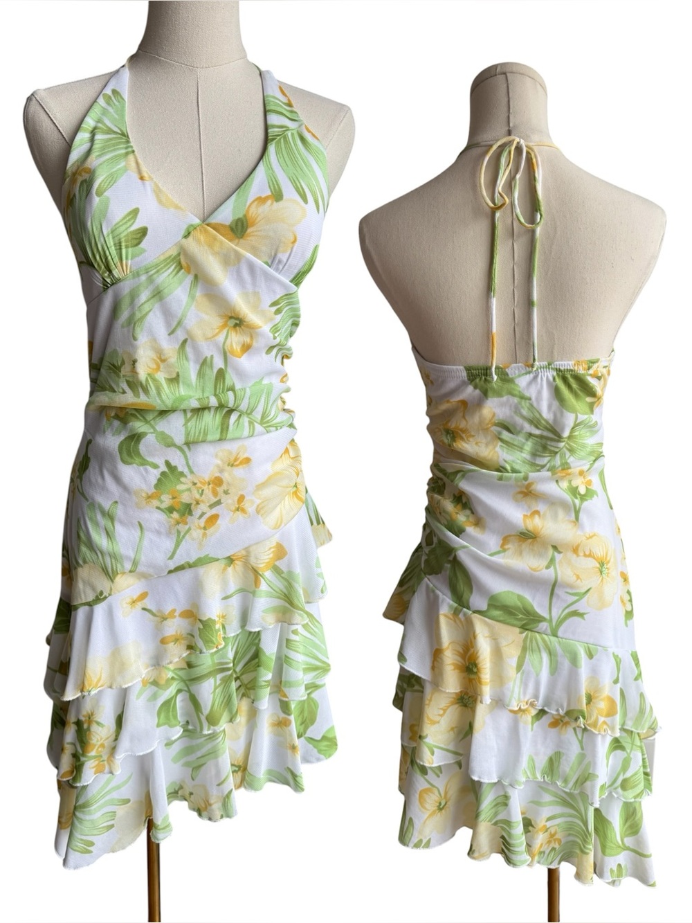 90s Y2K Mariposa Tropical Cocktail Dress Sz M Floral Ruffle Halter Party Dancing